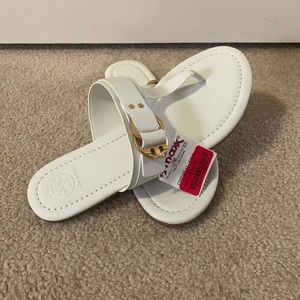 Tory Burch leather flip flops.  White/off-white with gold buckles.  7.5